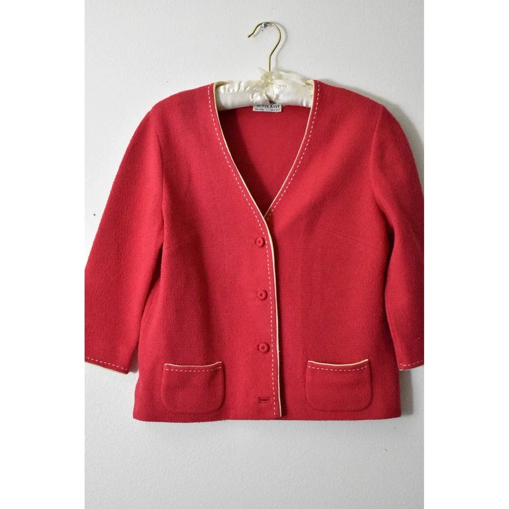 Vintage 50 Butte Knit Red 100% Wool Cardigan Sweater Pick Stitch Contrast Trim M - Picture 2 of 6